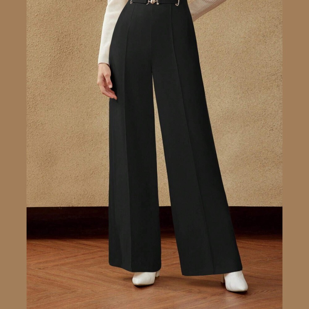 Black Wide Leg Trousers With Silver Buckle Belt Detail
